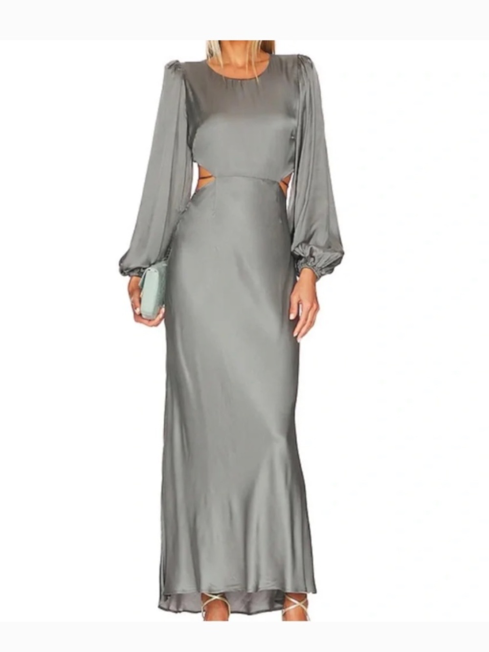 Astr Grey Satin Maxi Dress with Long Puff Sleeves